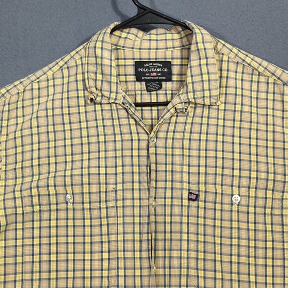 Ralph Lauren Jeans Co Vtg Shirt Men's M Yellow Plaid Loop Collar Short Sleeve - Picture 4 of 10